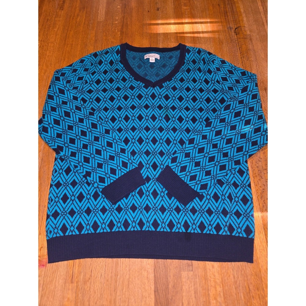 Kim Rogers Women XL Navy Teal Diamond V-Neck Knit Pullover Long Sleeve Sweater